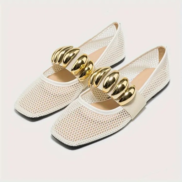 New Fishnet Mesh Ballet Flats Gold Metallic Buckle NWT White Slip On Square Toe - Picture 2 of 8